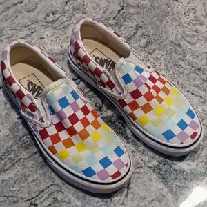 Kids Size 4.5/ Women's Size 6 Rainbow Checkered Slip-Ons